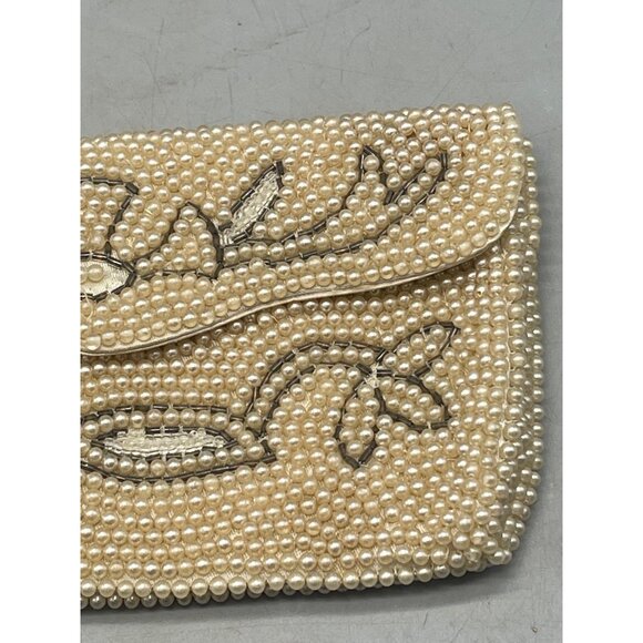 vintage Purse handbag clutch no handle pearls magnet button 2 pockets white READ - Picture 3 of 10